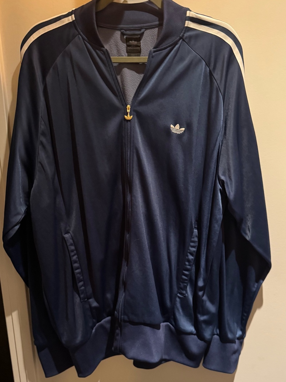 Adidas Men’s Navy Blue Track Jacket with White Stripes- size medium